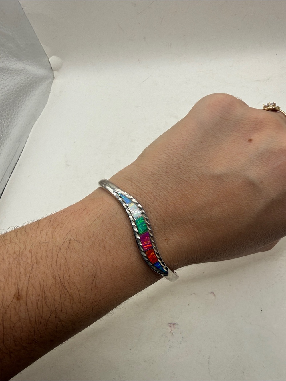 Vtg Silver 925 Hinged Bangle Bracelet Rainbow Opal Inlay Wavy Mexico Taxco? - Picture 1 of 16